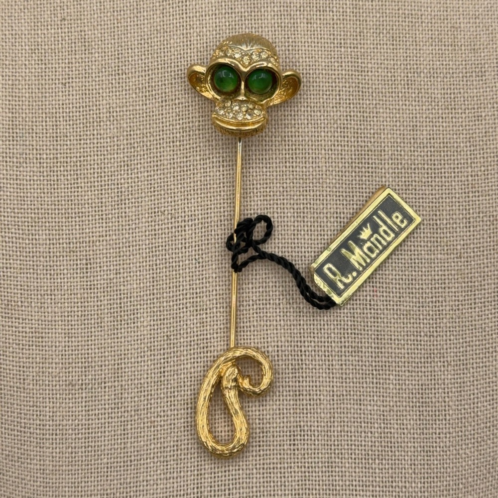 R. Mandle Monkey Stick Pin Gold Tone Green Rhinestone Vtg USA MCM Kitsch Novelty
